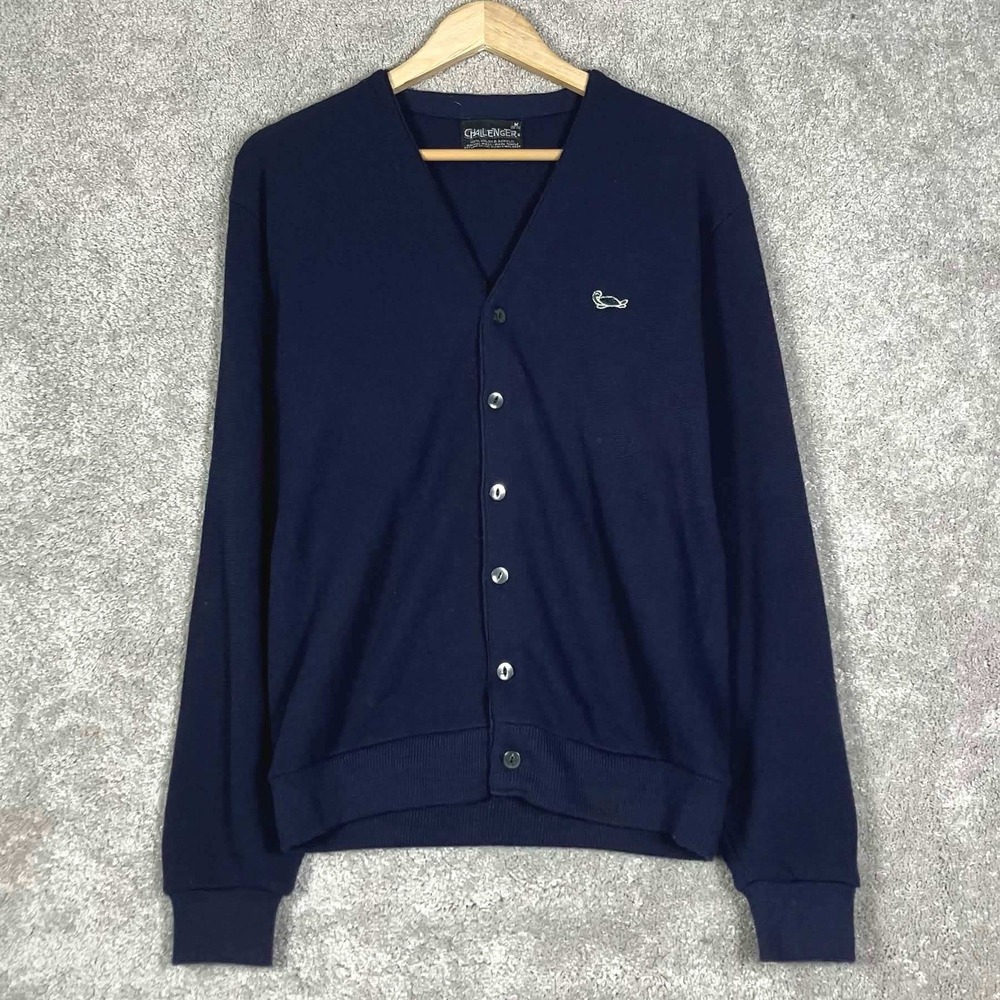 Vintage 60s Cardigan Sweater Challenger Mens Navy Blue Orlon Acrylic Size M